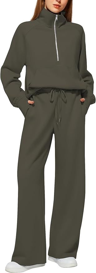 Women's 2 Piece Outfits Lounge Set 2024 Oversized Half Zip Sweatshirt Wide Leg Sweatpant Set Swea... | Amazon (US)