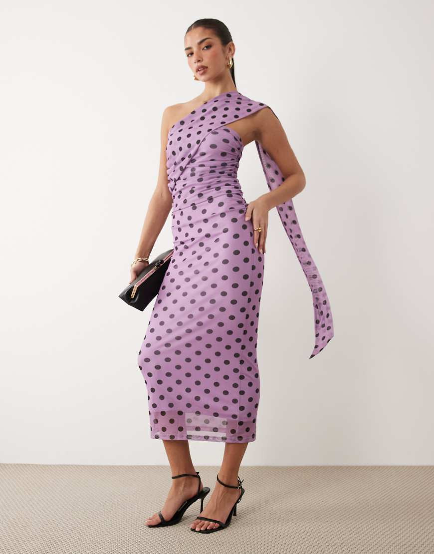 ASOS DESIGN – Trägerloses Maxikleid in Flieder mit Polka-Dots und Schaldetail-Lila | ASOS (Global)