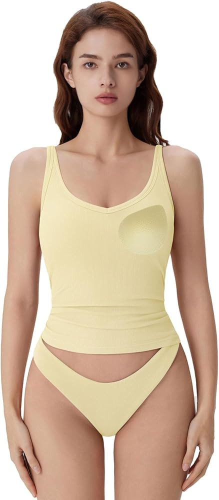 SUUKSESS Women Padded Cotton Ribbed V Neck Tank Top Summer Basic Going Out Tops | Amazon (US)