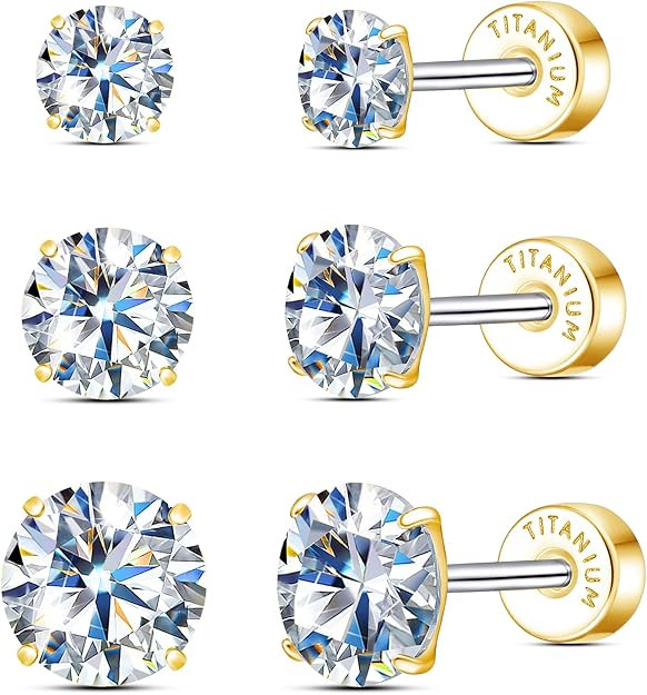 Limerencia Moissanite Stud Earrings, 3 Pairs Titanium Screw Back Earring, D Color VVS1 Clarity La... | Amazon (US)