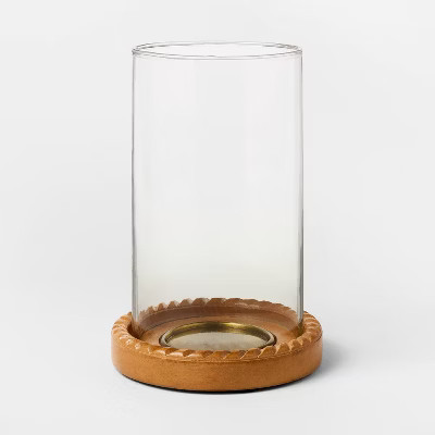 Small Wood and Glass Hurricane Candle Holder Tan - Threshold™ designed with Studio McGee | Target