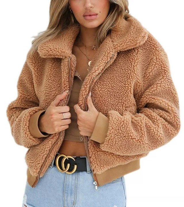 Women's Coat Casual Lapel Fleece Fuzzy Faux Shearling Zipper Coats Warm Winter Outwear Jackets | Walmart (US)