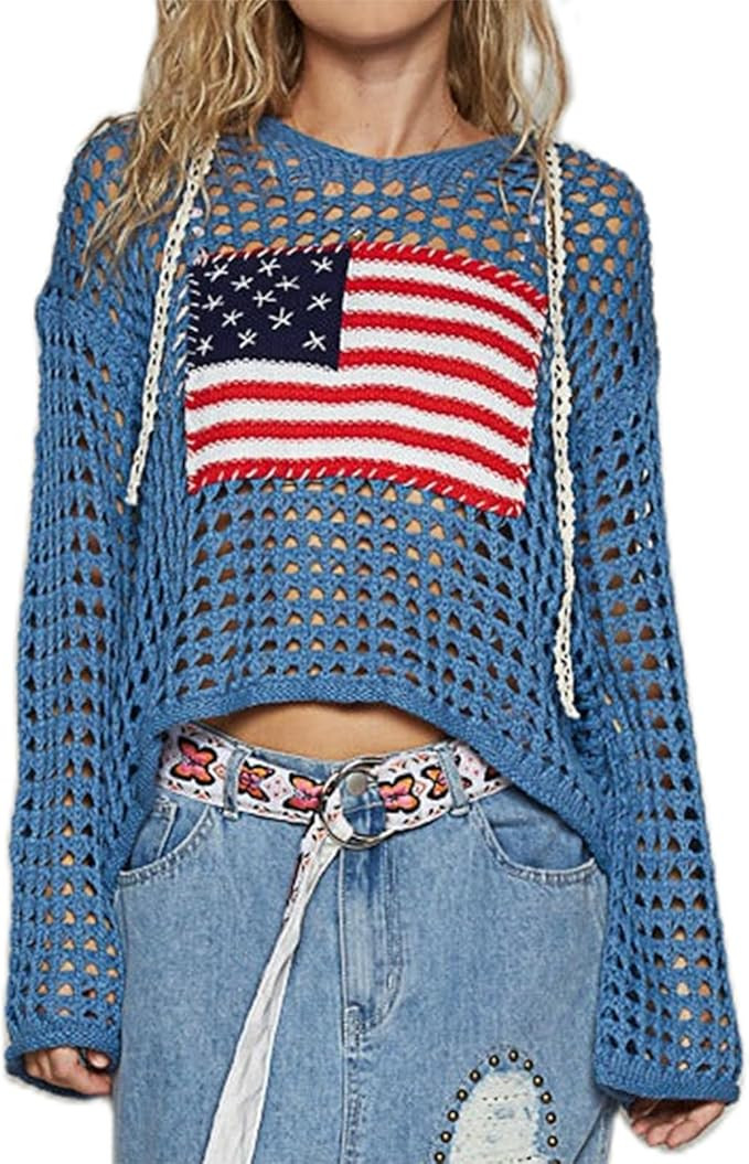 Womens American Flag Open Knit Crochet Sweater Tops Long Sleeve V-Neck Hollow Out Hoodies Summer ... | Amazon (US)