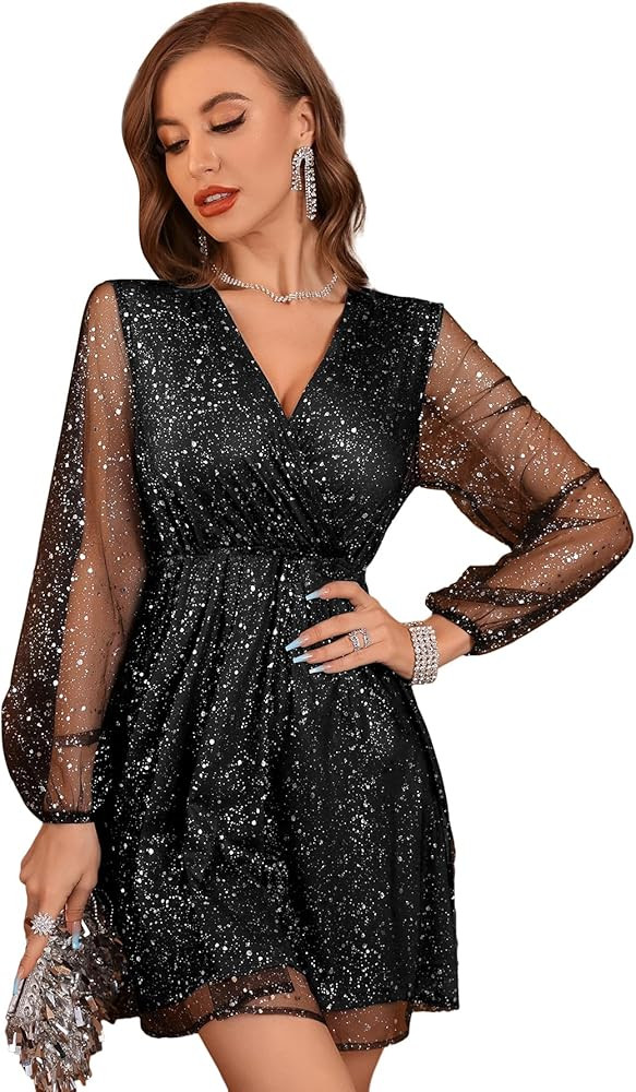 Floerns Women's Lantern Long Sleeve V Neck Mesh Cocktail Party Short Dress Without Belt | Amazon (US)