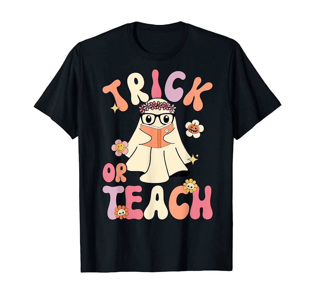 Groovy Halloween Trick or Teach Retro Floral Ghost Teacher T-Shirt | Amazon (US)