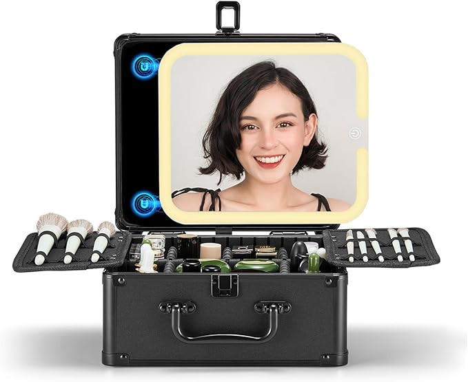 OMIRO Makeup Case, Makeup Bag with Light Up Mirror Set, Makeup Organizer Bag with Magnet Makeup M... | Amazon (US)