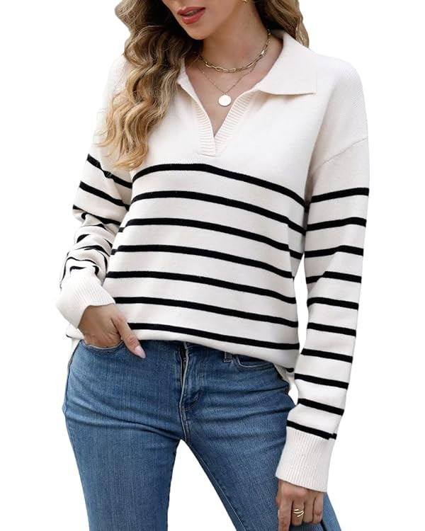 CiCiBird Women Fall V Neck Sweater Color Block Polo Long Sleeve Shirt Casual Loose Striped Pullov... | Amazon (US)