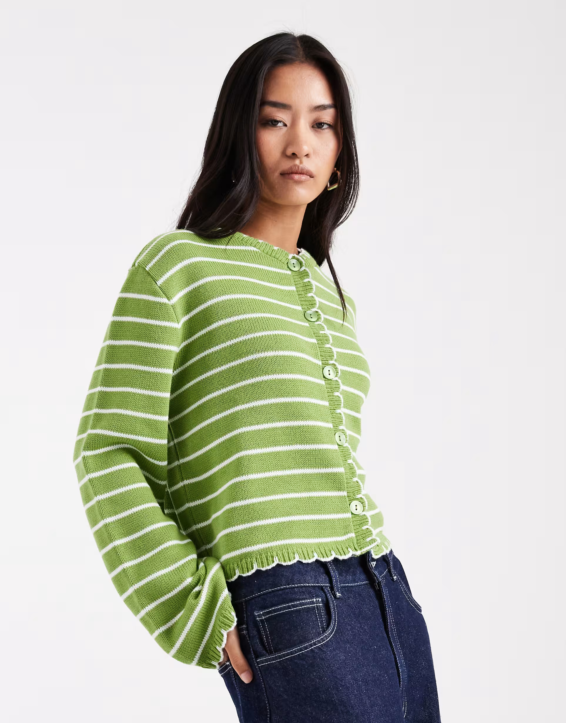 Miss Selfridge striped blanket stitch cardigan in green | ASOS (Global)
