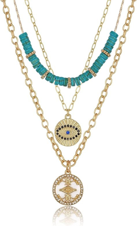 3PCS Evil Eye Gold Necklace set for Women ,Necklace Turquoise Charm Shell Pendant Multi Layered A... | Amazon (US)