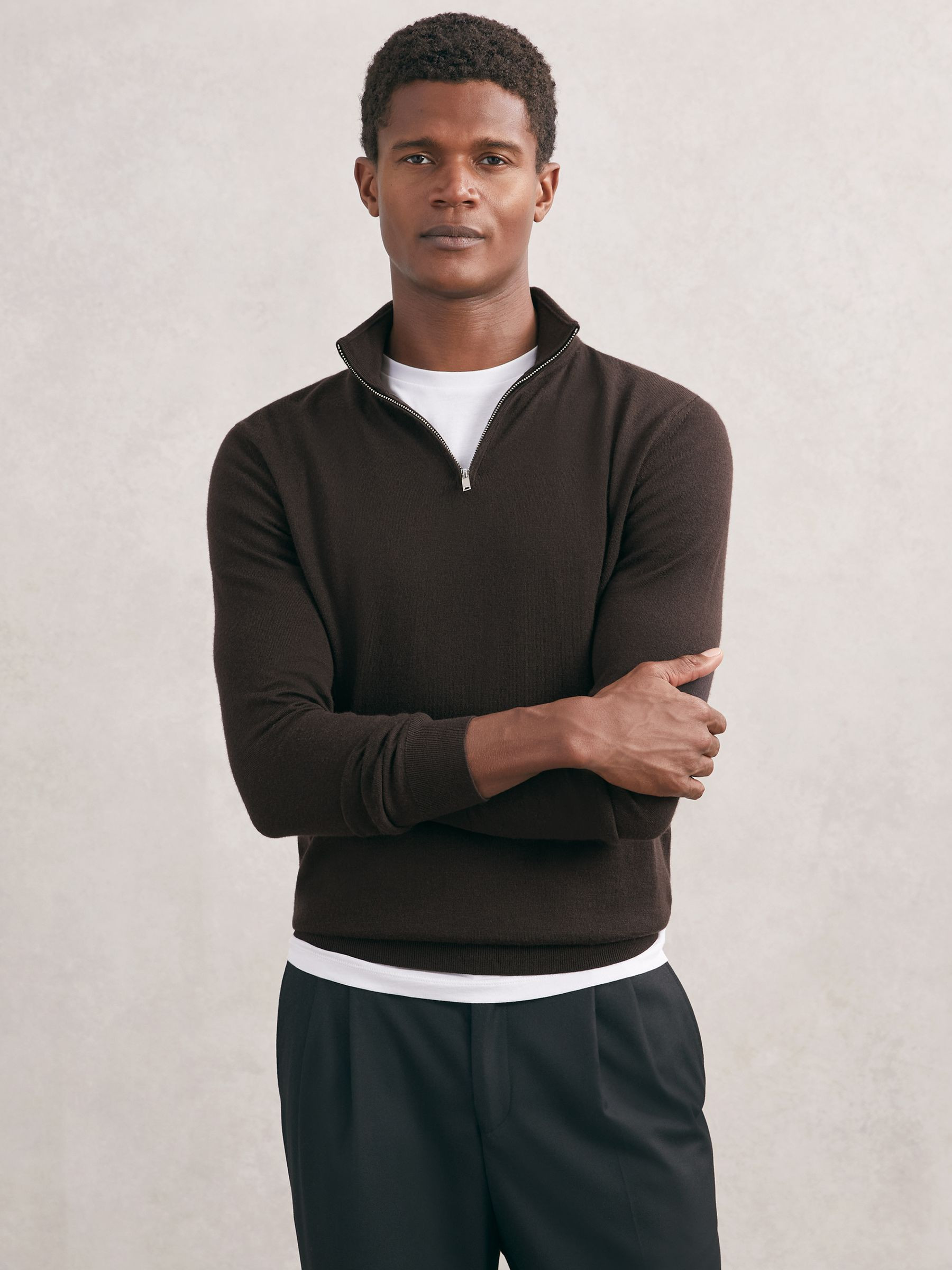 Merino Wool Half-Zip Jumper in Chocolate Brown | Reiss UK
