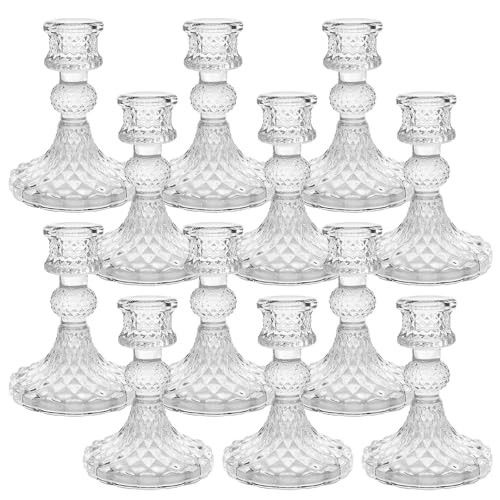 Sudifor Candlestick Holders Set of 12-4" H Crystal Taper Candle Holders, Thick Glass Candle Stand with Diamond Pattern for Table, Wedding, Party, Church Decoration, Home Decor | Amazon (US)
