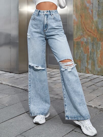 High Waist Ripped Wide Leg Jeans | SHEIN