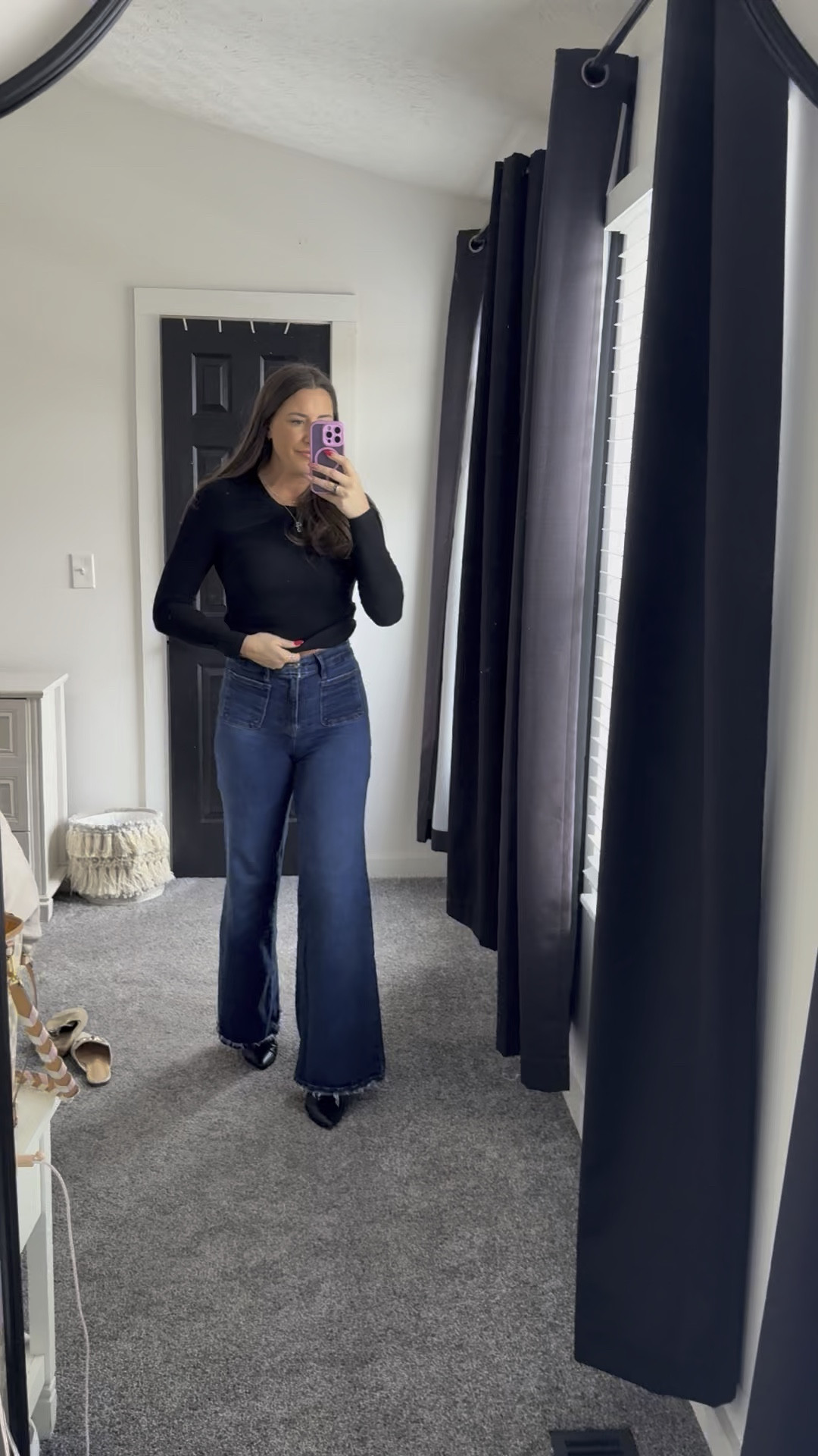 Long sleeve crew with built in bra // jeans // denim 

#LTKSeasonal #LTKootd