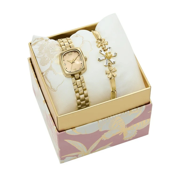 Folio Women’s 2pc Watch & Bracelet Set; 20mm Rectangle Alloy Case, Metal Bracelet, Gold, FMDAL1... | Walmart (US)