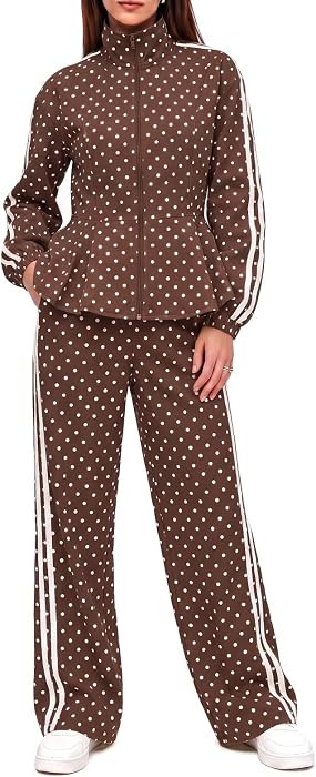 Fisoew Women 2 Piece Outfits Polka Dot Ruffle Zip Up Jacket Matching Sets | Amazon (US)