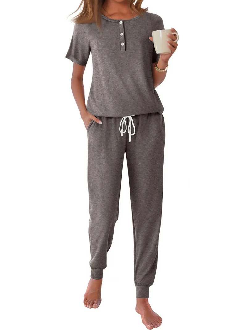 Fantaslook Pajamas Sets for Women Short Sleeve Henley Shirt and Pants With Drawstring Casual Loun... | Walmart (US)