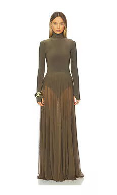 Norma Kamali x REVOLVE Long Sleeve Turtleneck Flared Gown in Bark from Revolve.com | Revolve Clothing (Global)