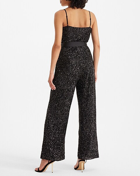 Sequin V-neck Tie Waist Wide Leg Jumpsuit | Express