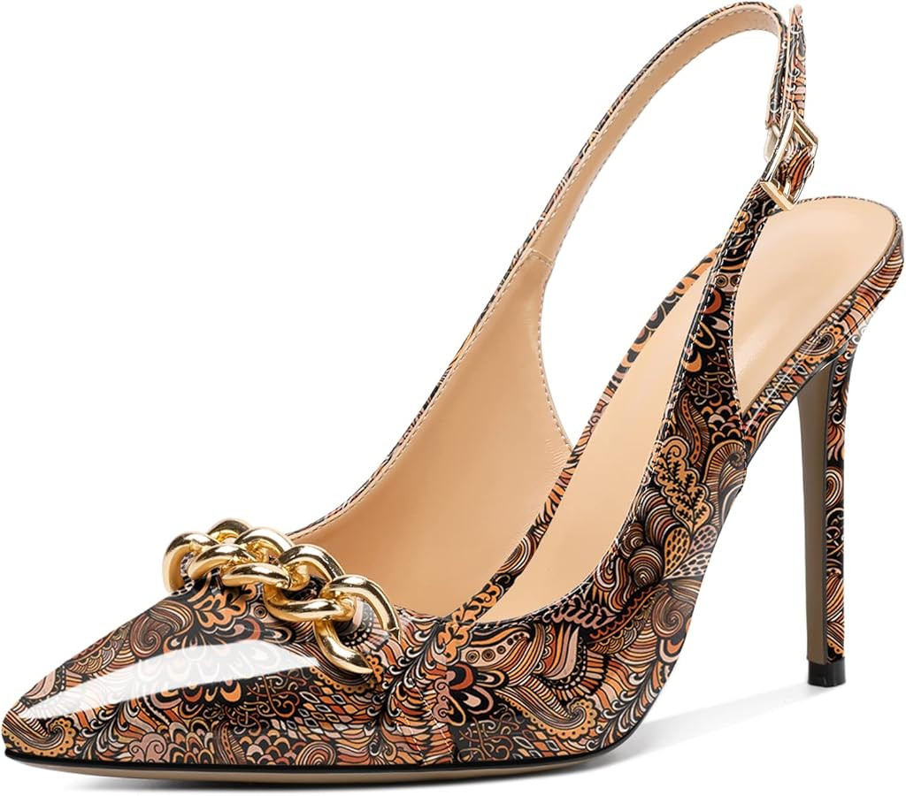 Mettesally Women's High Heels Slingback Pointed Toe Heeled Pumps Ankle Strap Stilettos Metal Chai... | Amazon (US)