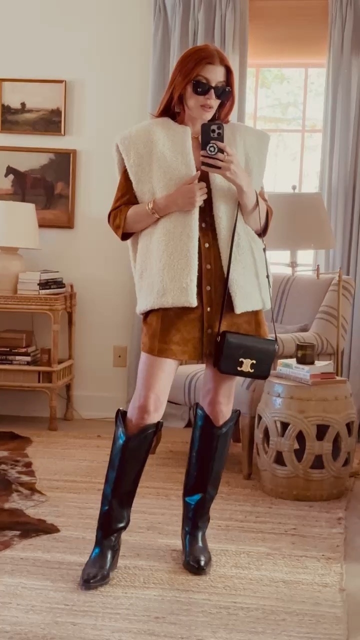 New Hunter Bell for fall🍂 This brown suede mini dress looks so elevated paired back with my black accessories.
I added this knubby creamy vest to add some texture to this look. This dress can stand alone, but I think it’s a great base layer and I’ve styled this several different ways for you - stay tuned!

#LTKVideo #LTKStyleTip #LTKSeasonal