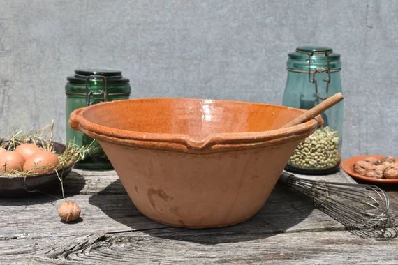 13" French Rustic Terracotta Bowl, 1950s French Farmhouse Handmade Clay Dairy Bowl & Rich Caramel... | Etsy (US)