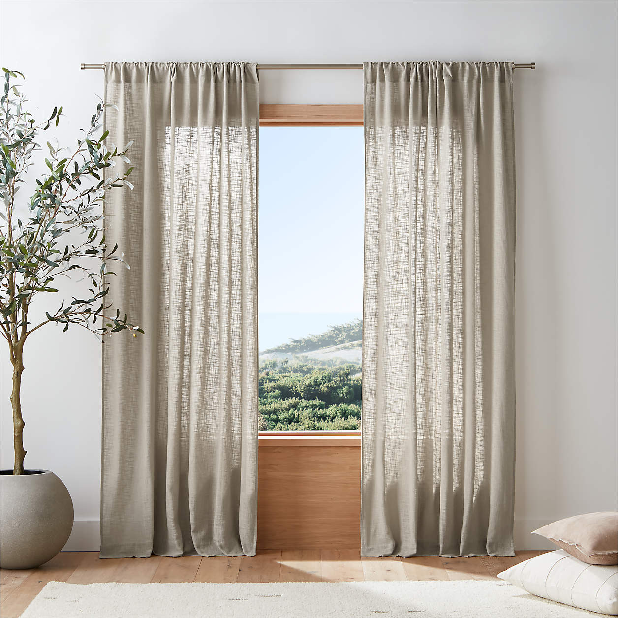 Lindstrom Warm Beige Organic Cotton Sheer Window Curtain Panel 52"x96" + Reviews | Crate & Barrel | Crate & Barrel