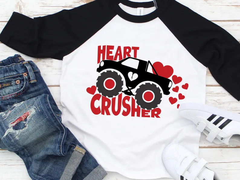 Valentines Day Shirt for Boy, Heart Crusher Shirt, Toddler Boys Valentine T-shirt, Monster Truck ... | Etsy (US)