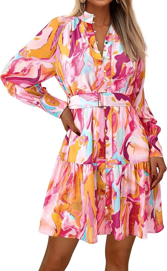 MASCOMODA Fall Dresses for Women 2024 Elegant Long Sleeve Button Short Floral Dress Chiffon A-Lin... | Amazon (US)