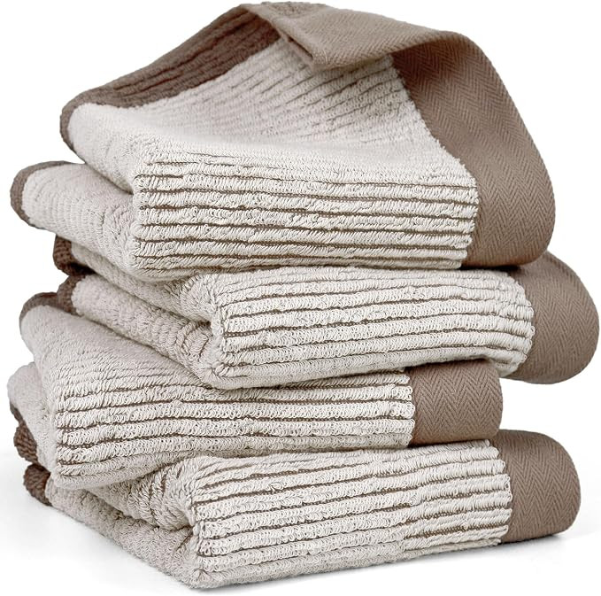 Hand Towels for Bathroom Set of 4, Jacquard Weaved Cotton Face Towels, 28 x 13.7 Inches (Light-Br... | Amazon (US)