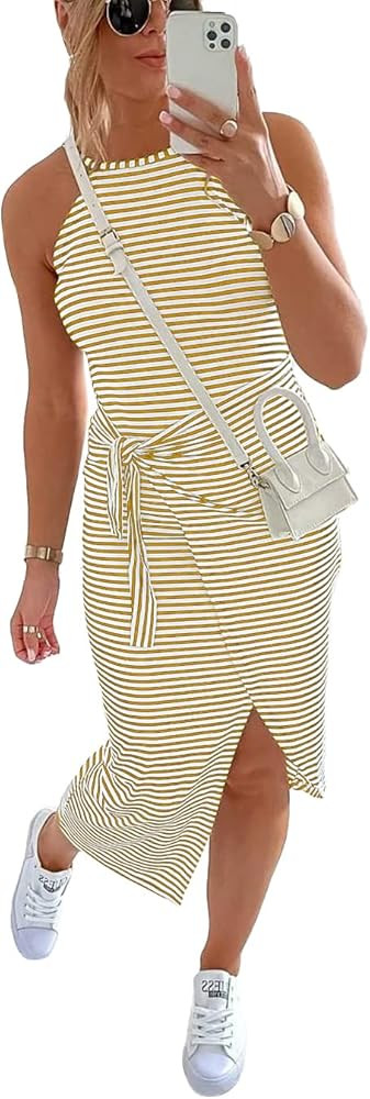 NOLLSOM Women Casual Sleeveless Striped Tank Midi Dresses Halter Neck Ruched Bodycon DressesTie W... | Amazon (US)