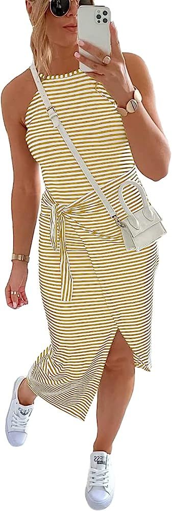 NOLLSOM Women Casual Sleeveless Striped Tank Midi Dresses Halter Neck Ruched Bodycon DressesTie W... | Amazon (US)
