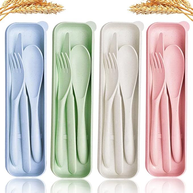 4 Sets Wheat Straw Cutlery,Portable Travel Utensils Spoon Fork Knife,Resuable Flatware Set with C... | Amazon (US)