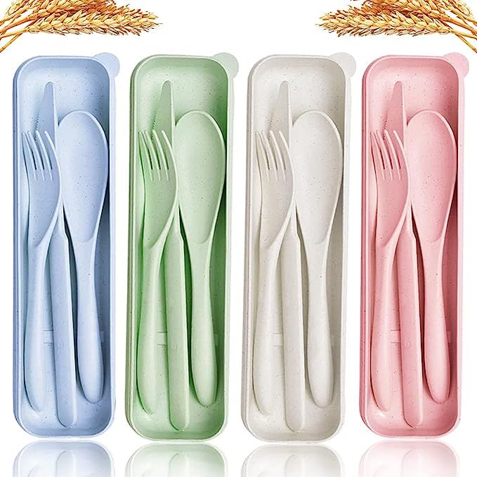 4 Sets Wheat Straw Cutlery,Portable Travel Utensils Spoon Fork Knife,Resuable Flatware Set with C... | Amazon (US)