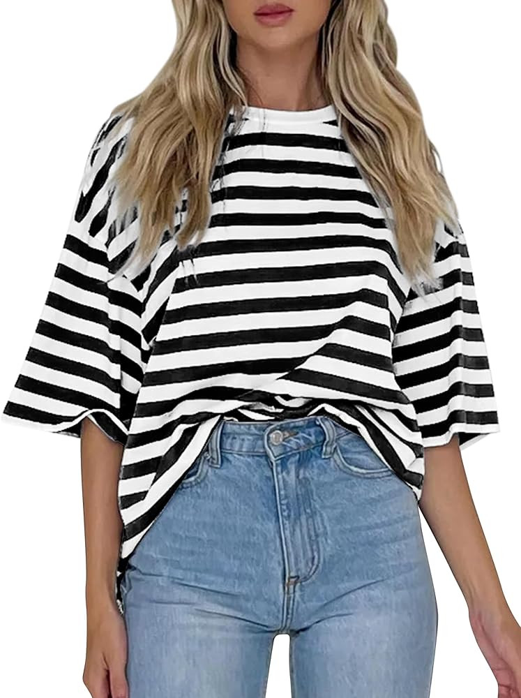Cioatin Women Oversized Striped Colorblock Tee Shirt Tops Crew Neck Short Sleeve Y2K Aesthetic Ts... | Amazon (US)