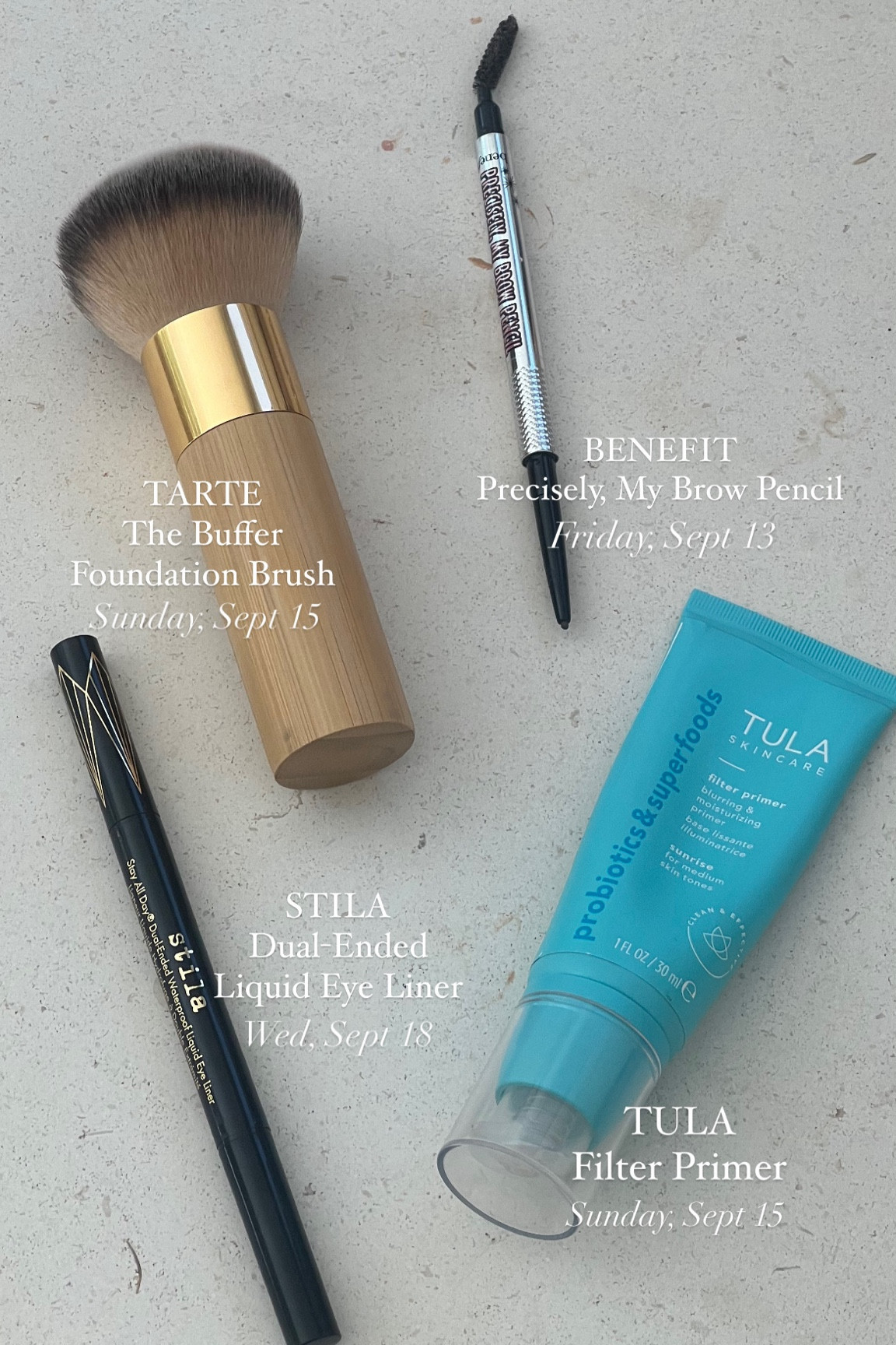 My favorites from Ulta Beauty’s 21 Days of Beauty Event! These are the days they will be on sale for 50% off:
- TULA Filter Primer: Sunday, Sept 15
- Benefit Precisely My Brow Pencil: Friday, Sept 13
- Stila Dual-Ended Liquid Eye Liners: Wed, Sept 18
-Tarte The Buffer Foundation Brush: Sunday, Sept 15
@ultabeauty #ultabeauty #ultapartner 

#LTKStyleTip #LTKFallSale #LTKBeauty

#LTKBeauty #LTKStyleTip #LTKFallSale