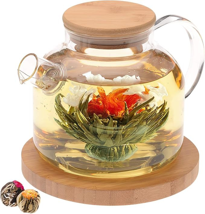 Teabloom Stovetop Safe Glass Teapot with Bamboo Lid (40oz/1200ml) + Loose Leaf Tea Filter Spout +... | Amazon (US)