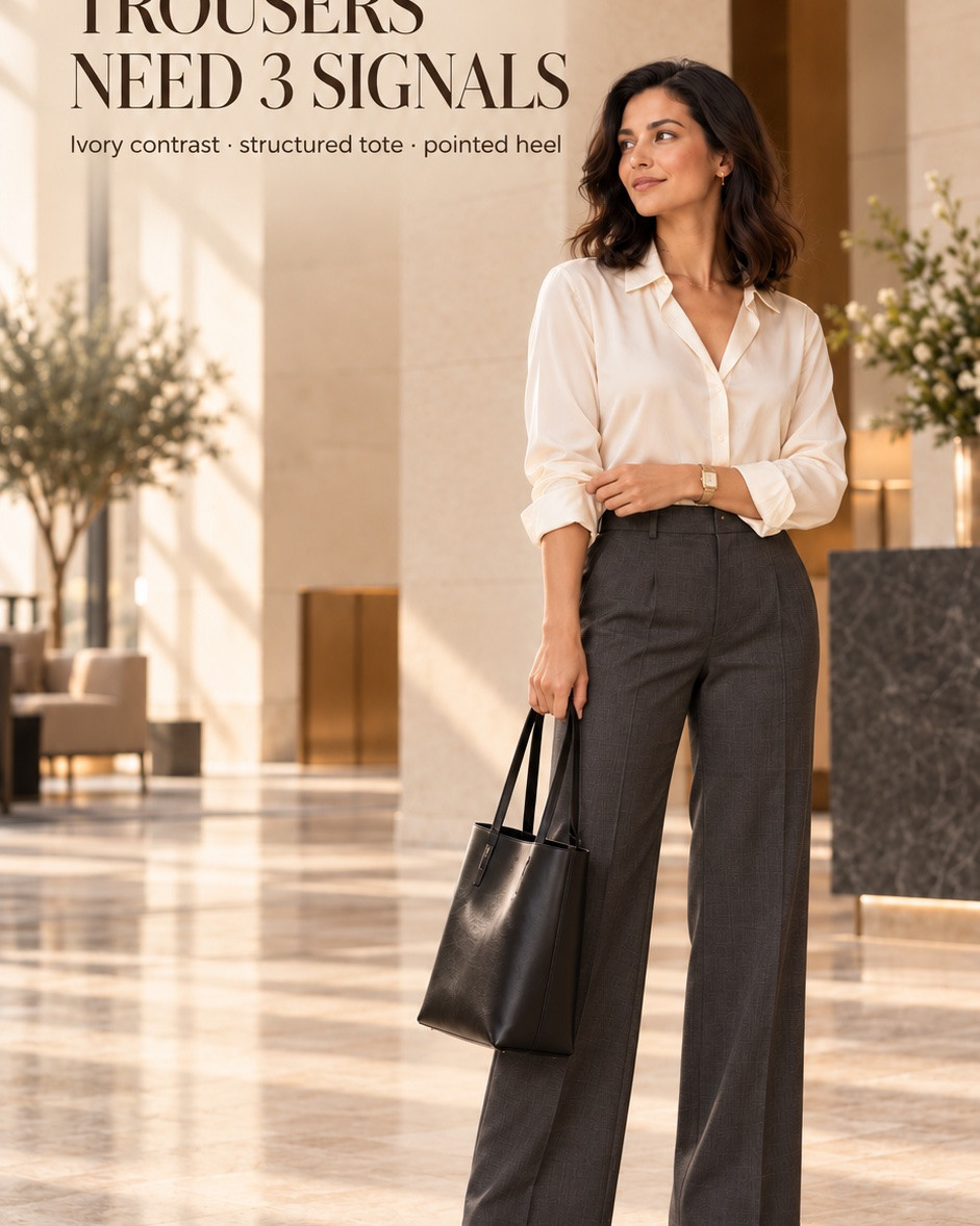 Charcoal trousers look sharper when you add these 3 signals.

If the outfit feels too plain, start with contrast: pair charcoal wide-leg trousers with an ivory blouse, add a structured black tote, then finish with pointed heels for a cleaner line.

Save this polished workwear formula for your next office day. Shop the outfit through my LTK storefront link in bio.

The model image is AI-generated.

#ExecutiveWorkwear #CharcoalTrousers #OfficeOutfitIdeas