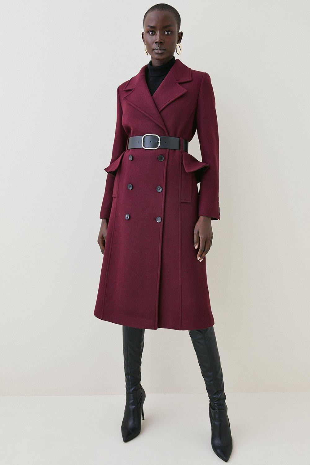 Italian Wool Belted Midi Peplum Coat | Karen Millen US