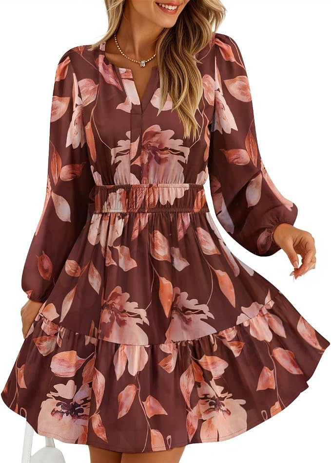 ZESICA Womens Fall Floral Long Sleeve Wedding Guest Mini Dress | With Pockets, V Neck, A-Line, Ru... | Amazon (US)