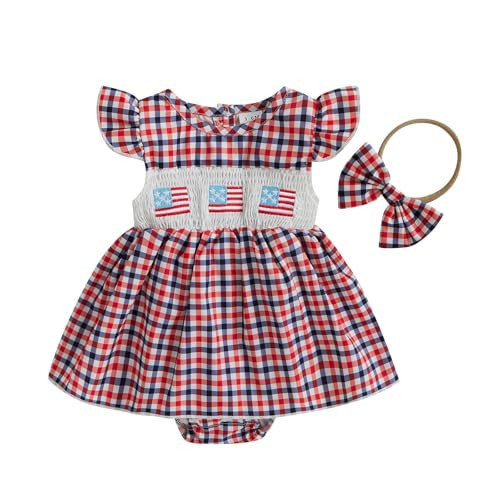 mlpeerw 4th of July Outfit Baby Girl Romper Dress My First 4th of July Fly Sleeve Smocked Dress Newborn Cute Summer Clothes (American Flag Red, 18-24 Months) | Amazon (US)