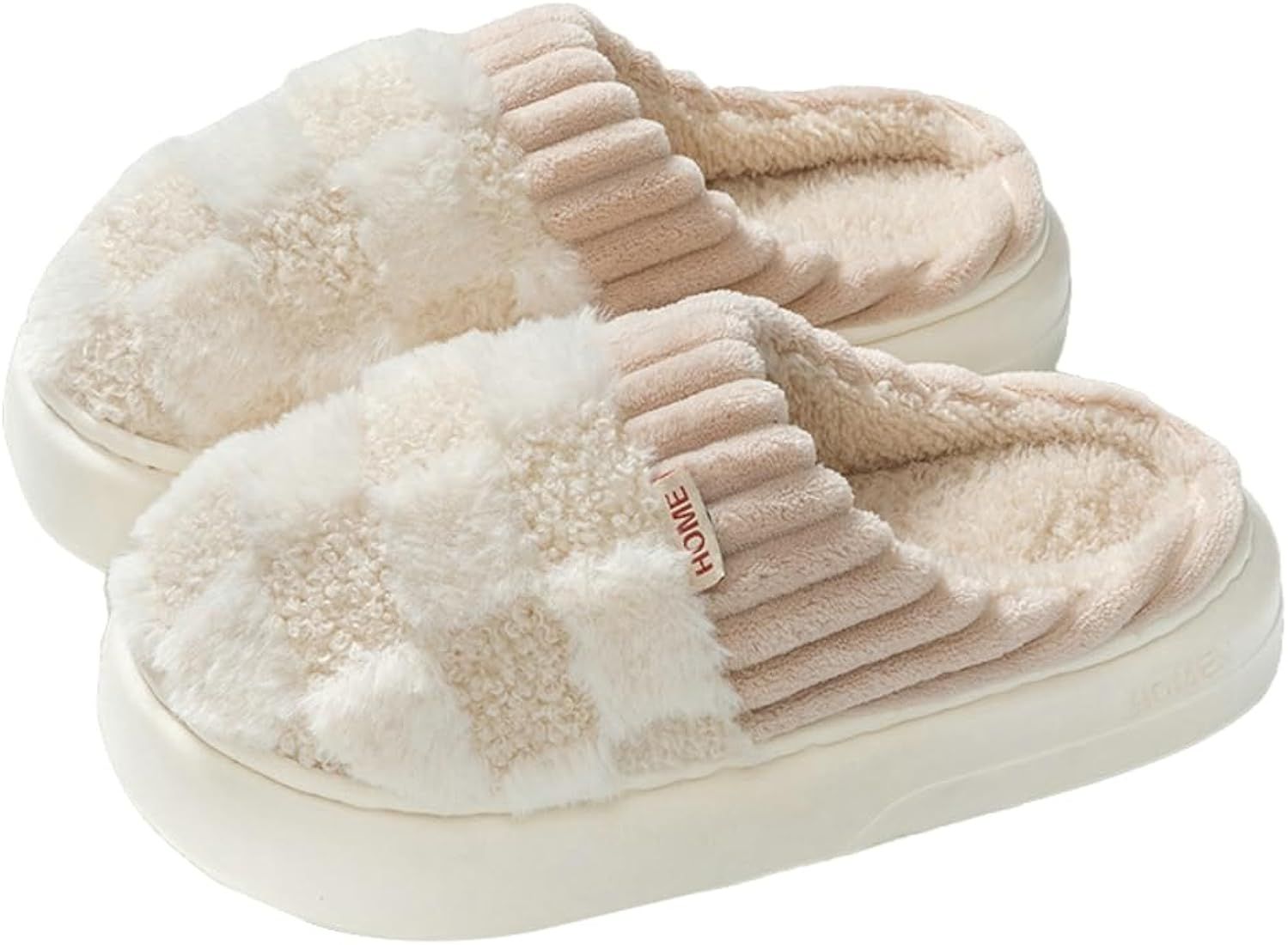 Plush Slippers for Women Men Plaid Cuff Warm Fuzzy Fleece Slipper Cozy Memory Foam Checkered Home... | Amazon (US)
