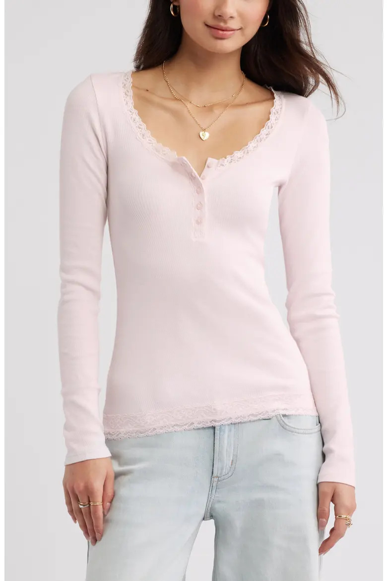 Lace Trim Cotton Blend Rib Henley (Women) | Nordstrom | Nordstrom