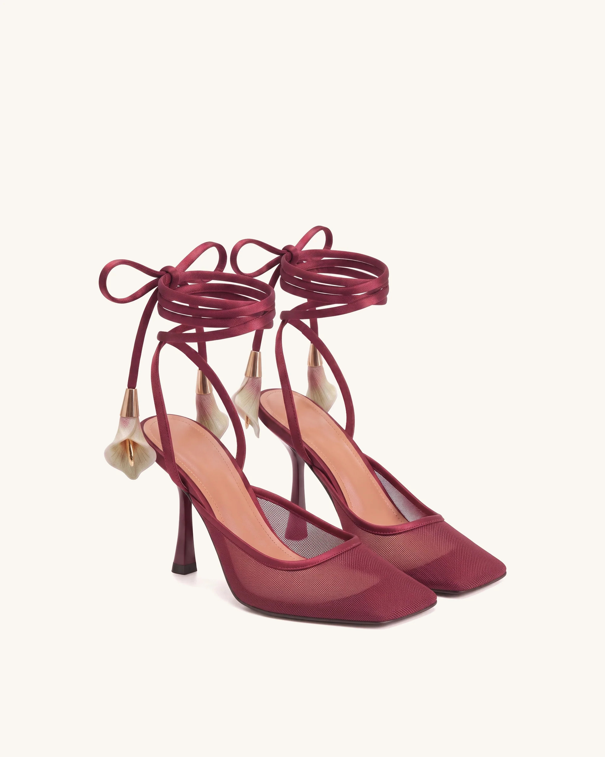 Astrid Calla Lily Lace-Up Mesh Pumps - Burgundy | JW PEI US