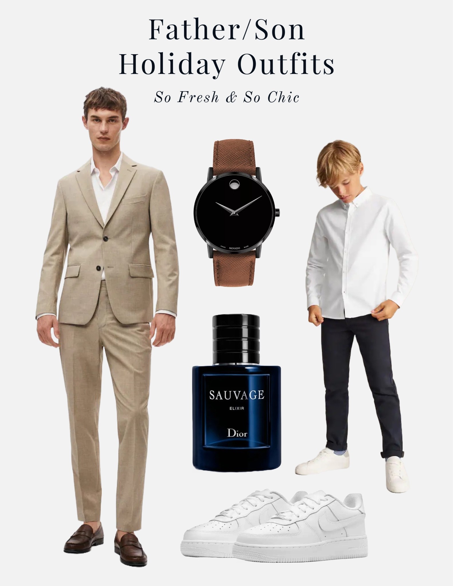Father and son holiday outfits!
-
Men’s slim fit wool blazer - men’s slim fit wool pants - men’s brown leather loafers - Dior Sauvage for men - men’s Movado watch cognac leather strap - boys white dress shirt - boys black chinos - boys Nike Air Force 1 sneakers - family photo shoot outfits - father son Fall photo shoot clothes 

#LTKkids #LTKmens #LTKHoliday