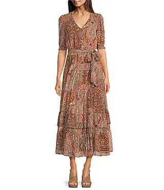 Lauren Ralph Lauren Paisley Print Belted Crinkle Georgette Dress - 14 | Dillard's