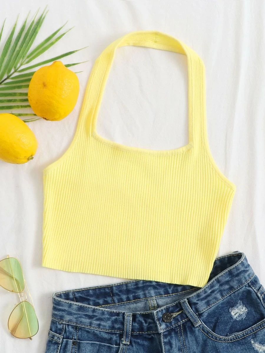 Ribbed Cropped Halter Top | SHEIN