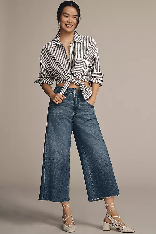 The Adi Mid-Rise Frayed Relaxed Flare Jeans by Pilcro: Cropped Edition | Anthropologie (US)