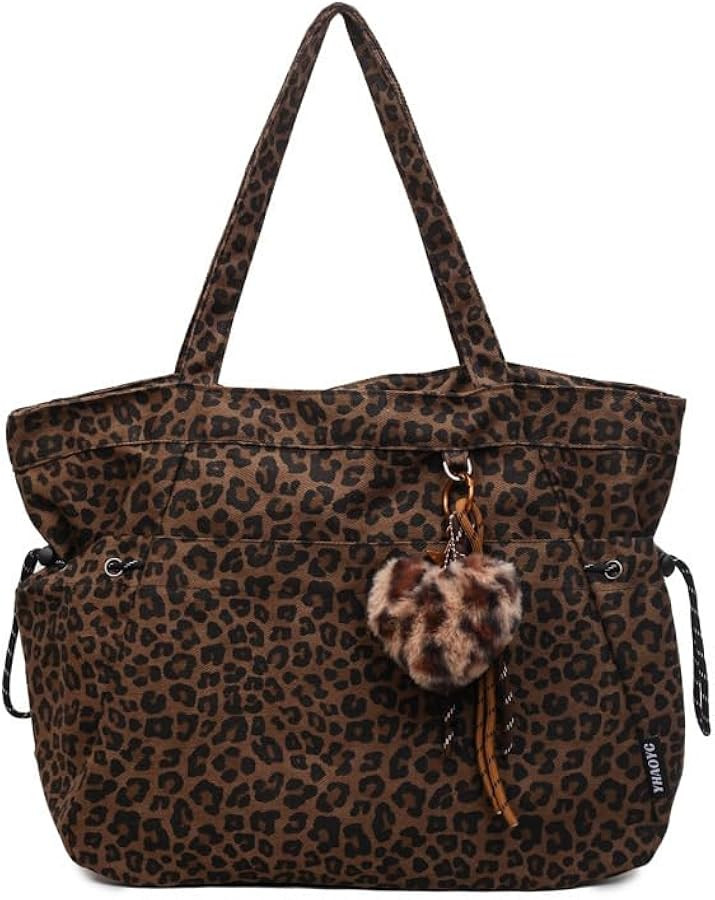 Leopard Print Canvas Tote Bag, Shoulder Bag with Pom Pom Charm | Amazon (US)