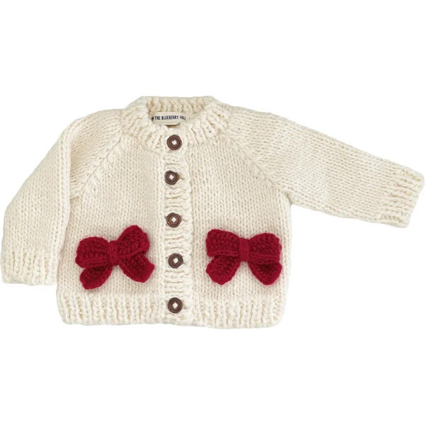 Holiday Classic Knit Bow Cardigan, Cream & Red | Maisonette