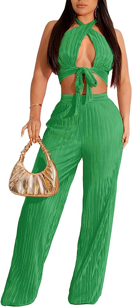Ekaliy Womens Sexy Two Piece Outfits Pleated Halter Criss Cross Crop Tops and Wide Leg Pants Sets... | Amazon (US)